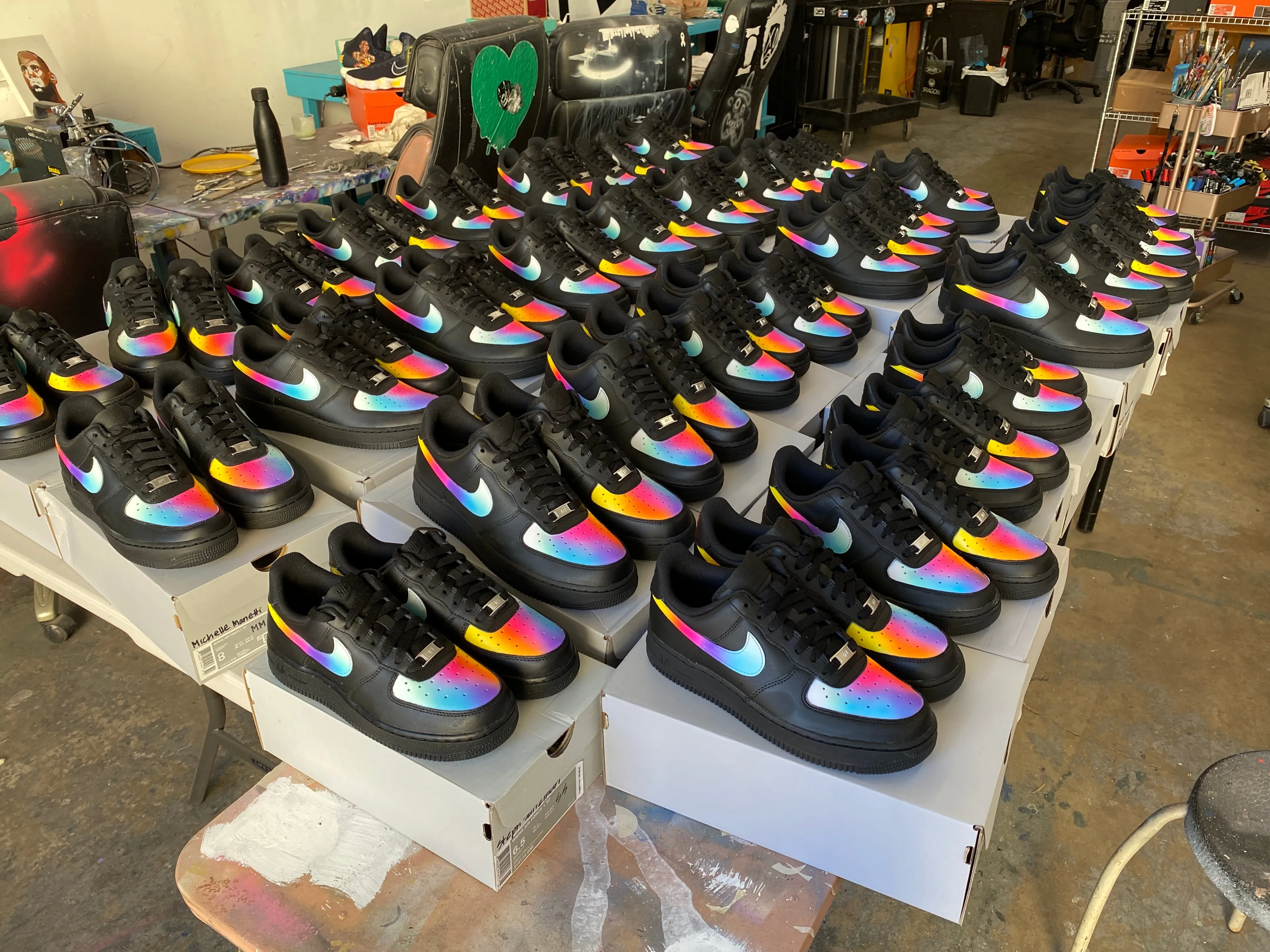 Flat Feet Asics Shoes 32 Pairs of Custom Hand Painted Black Nike AF1 Lows - Sinful Colors/ Initials  - Custom Order