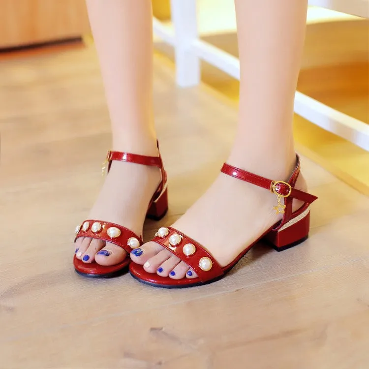 Pali Sandals Women's's Chunky Heel Solid Color Peep Toe Buckle Strap Pearls Sandals