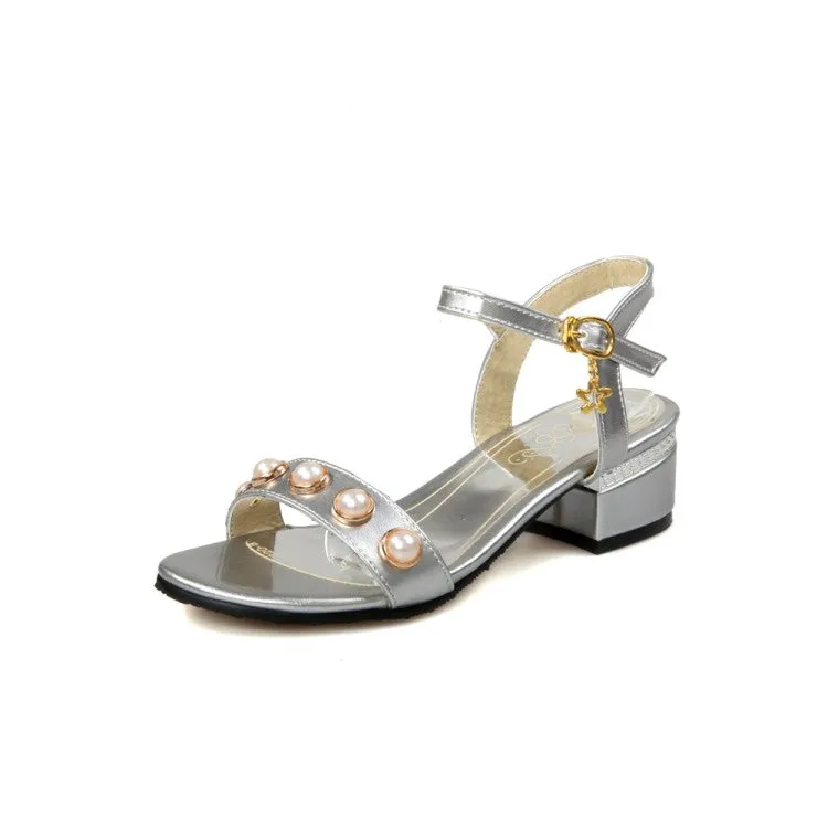 Women's's Chunky Heel Solid Color Peep Toe Buckle Strap Pearls Sandals Rainbow Sandals