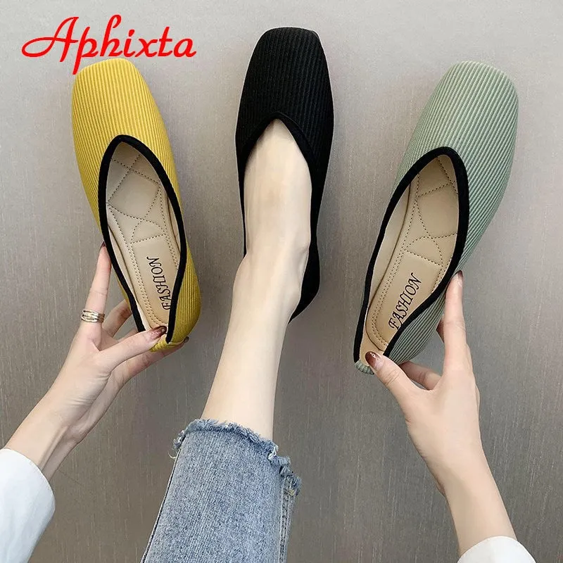 Faux Leather Chunky Heel Loafers Cotton Fabric Flats Shoes Women Yellow Ballerina Socks Shoes