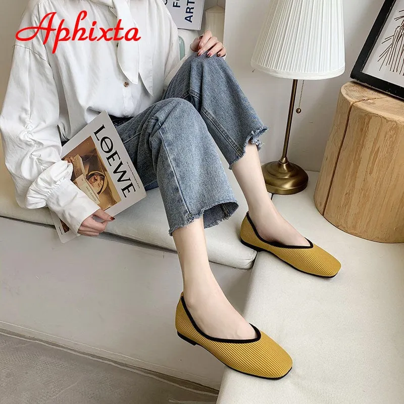 Cotton Fabric Flats Shoes Women Yellow Ballerina Socks Shoes Square Loafers