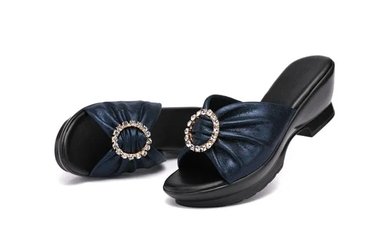 Genuine Leather Anti-slip Summer Mid Heels Flip Flops Fashion Women Beach Shoes Flip Flops Grass