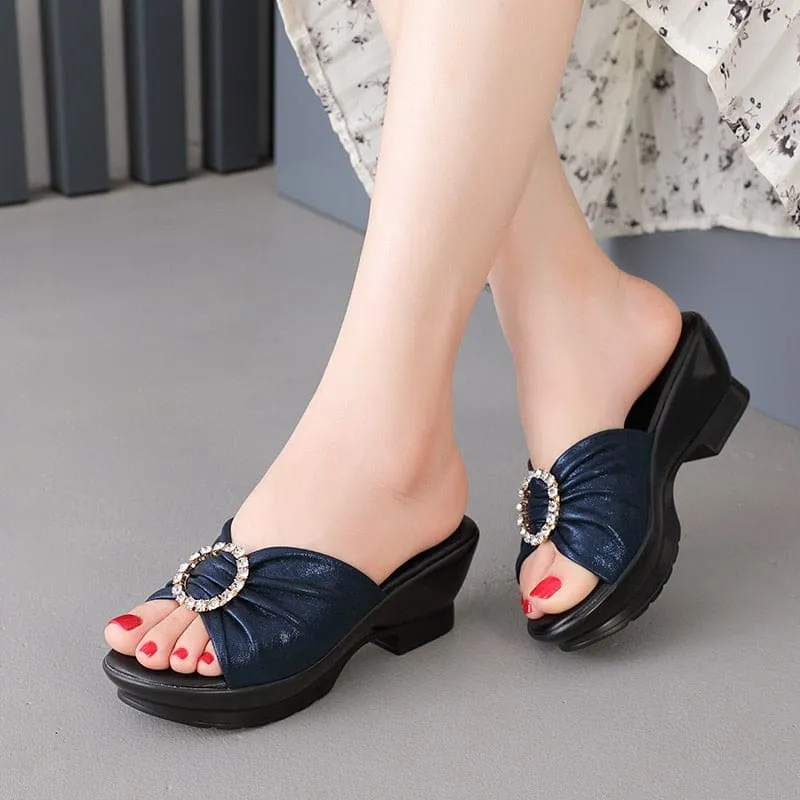 Bride & Groom Flip Flops Genuine Leather Anti-slip Summer Mid Heels Flip Flops Fashion Women Beach Shoes