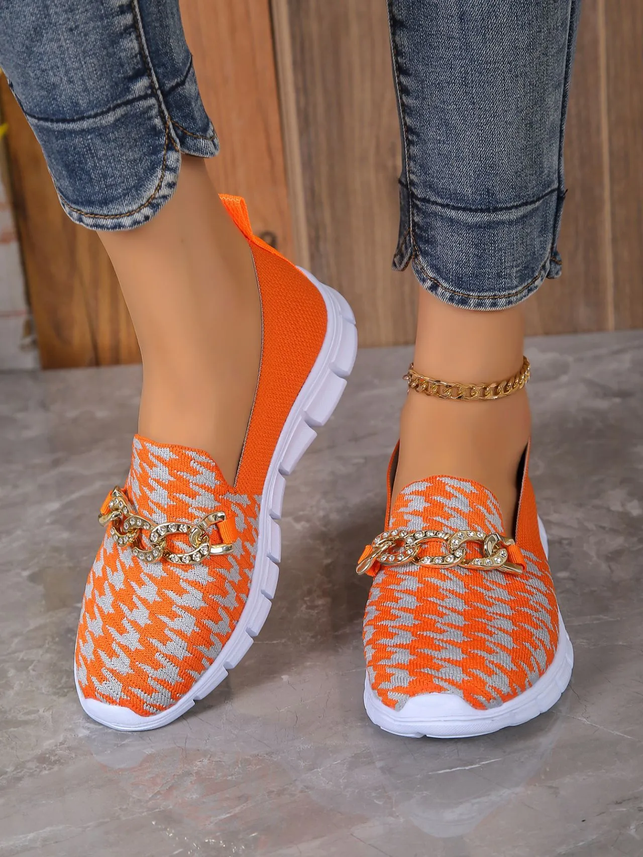 Casual Houndstooth Print Chain Mesh Shoes Summer Walking Sports Flat Shoes Women Breathable Loafers Size 14 Penny Loafers