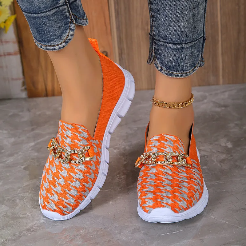 Casual Houndstooth Print Chain Mesh Shoes Summer Walking Sports Flat Shoes Women Breathable Loafers Vegan Penny Loafers