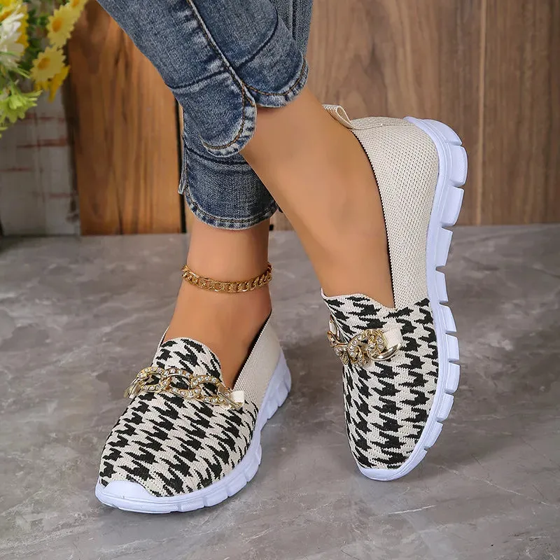 Casual Houndstooth Print Chain Mesh Shoes Summer Walking Sports Flat Shoes Women Breathable Loafers Derschutze Loafers