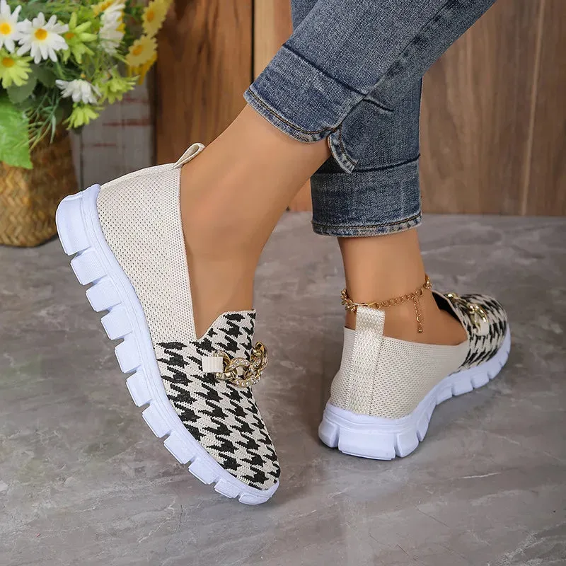Casual Houndstooth Print Chain Mesh Shoes Summer Walking Sports Flat Shoes Women Breathable Loafers Types Of Loafers