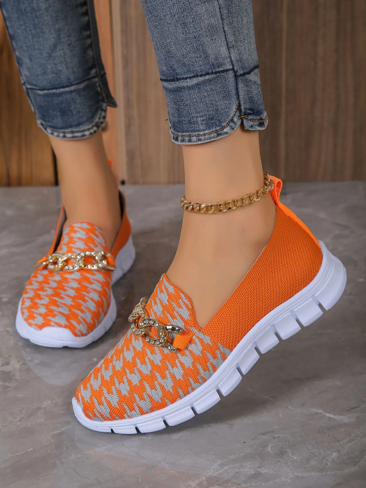 Casual Houndstooth Print Chain Mesh Shoes Summer Walking Sports Flat Shoes Women Breathable Loafers Styling Chunky Loafers