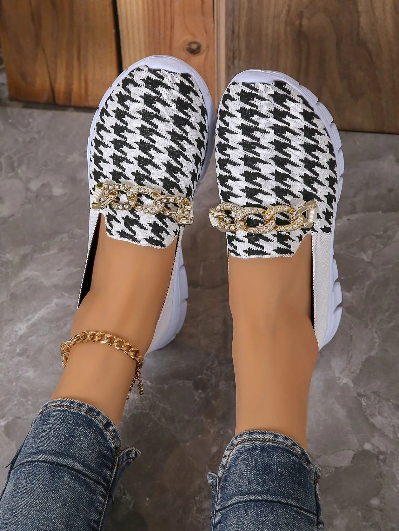 Boat Shoe Loafers Casual Houndstooth Print Chain Mesh Shoes Summer Walking Sports Flat Shoes Women Breathable Loafers
