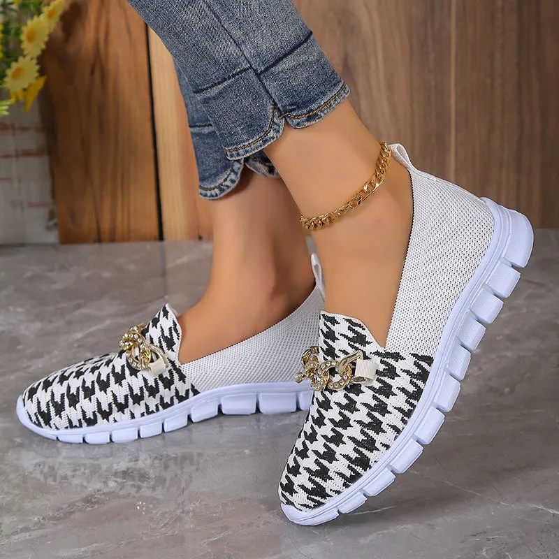 Casual Houndstooth Print Chain Mesh Shoes Summer Walking Sports Flat Shoes Women Breathable Loafers Loose Loafers