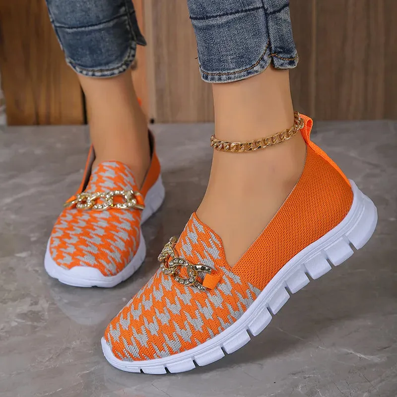 Skip And Loafers Casual Houndstooth Print Chain Mesh Shoes Summer Walking Sports Flat Shoes Women Breathable Loafers