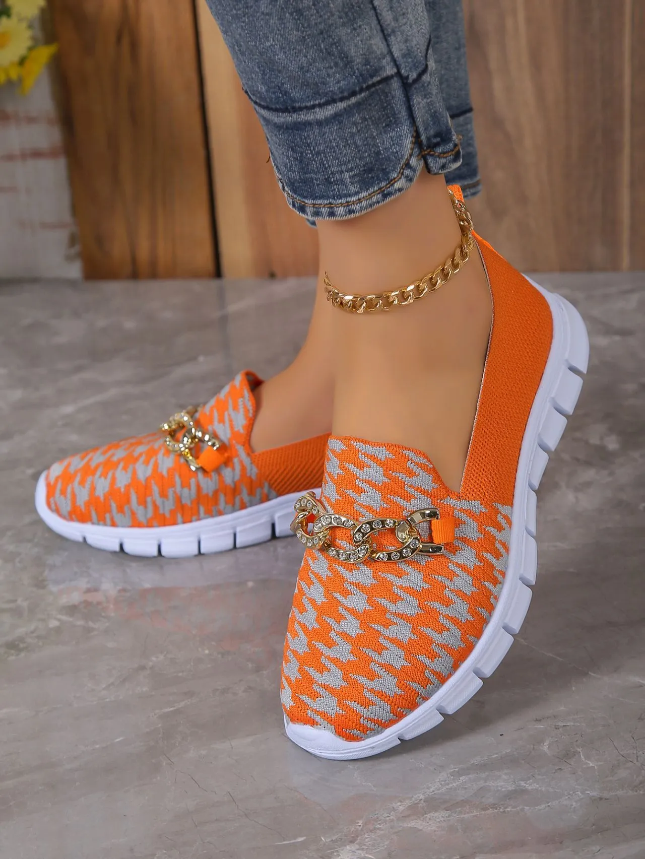 Shiny Leather Loafers Casual Houndstooth Print Chain Mesh Shoes Summer Walking Sports Flat Shoes Women Breathable Loafers