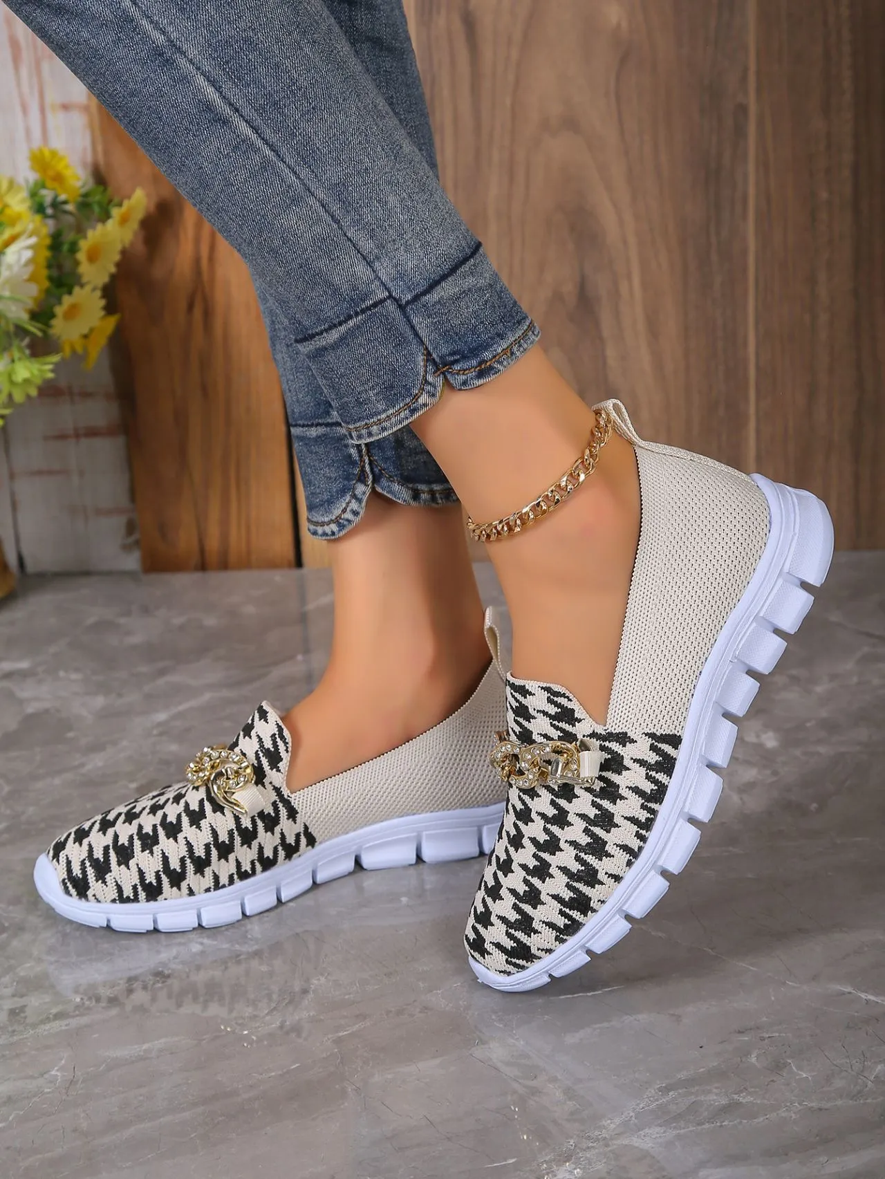 Casual Houndstooth Print Chain Mesh Shoes Summer Walking Sports Flat Shoes Women Breathable Loafers Coach Lug Sole Loafers
