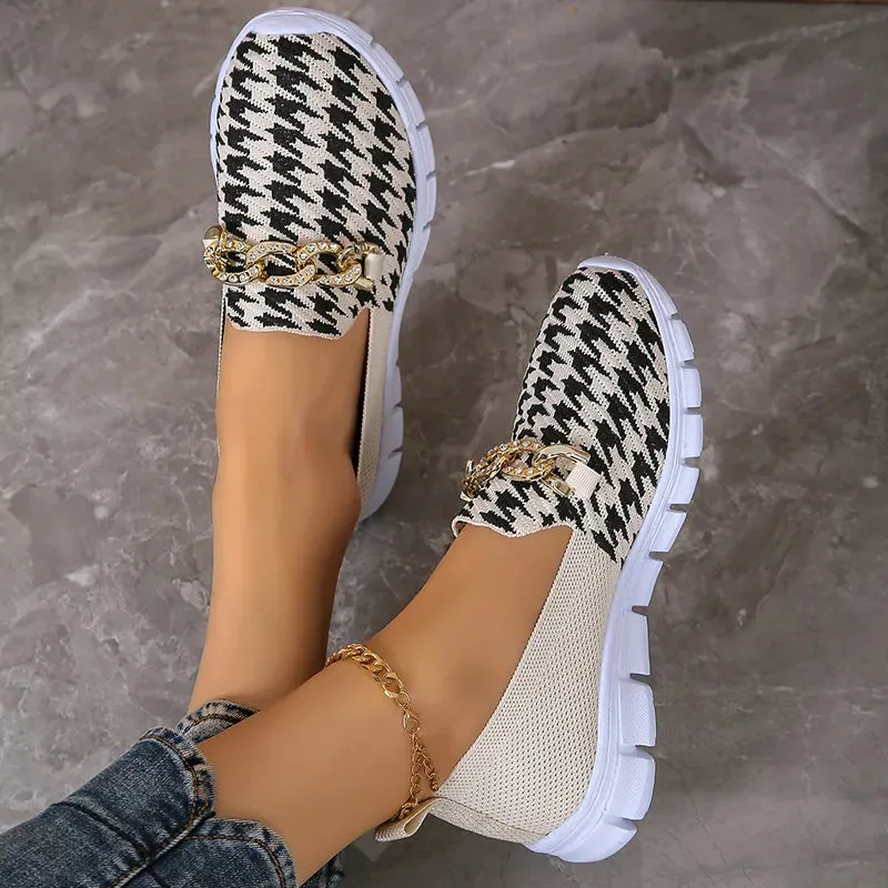 Casual Houndstooth Print Chain Mesh Shoes Summer Walking Sports Flat Shoes Women Breathable Loafers Heel Loafers