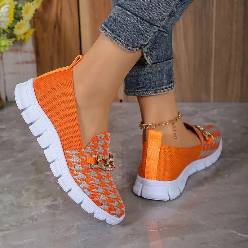 Casual Houndstooth Print Chain Mesh Shoes Summer Walking Sports Flat Shoes Women Breathable Loafers Tassel Loafers Suede