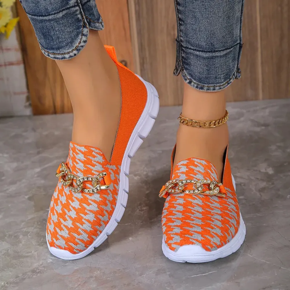 Casual Houndstooth Print Chain Mesh Shoes Summer Walking Sports Flat Shoes Women Breathable Loafers Suede Loafers Rubber Sole