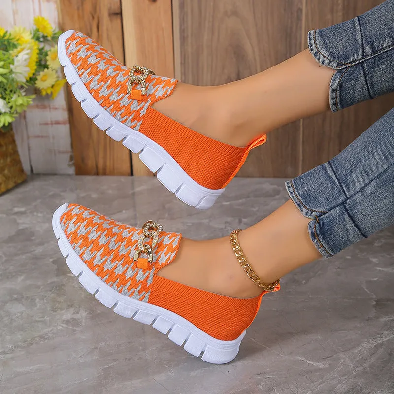 Casual Houndstooth Print Chain Mesh Shoes Summer Walking Sports Flat Shoes Women Breathable Loafers Loafers With Linen Pants