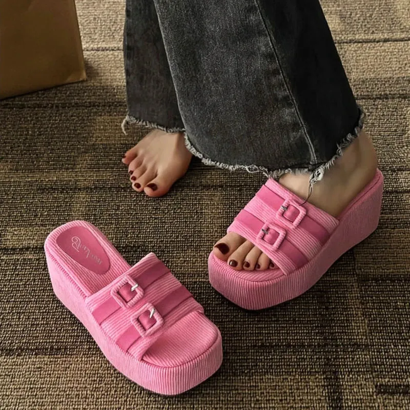 Amozae-Square Head Platform Slippers Belt Buckles Corduroy Open-toe Women Sandals Summer New 2023 Designer Shoes Fashion Wedge Sandals Kamala Harris List Of Flip Flops