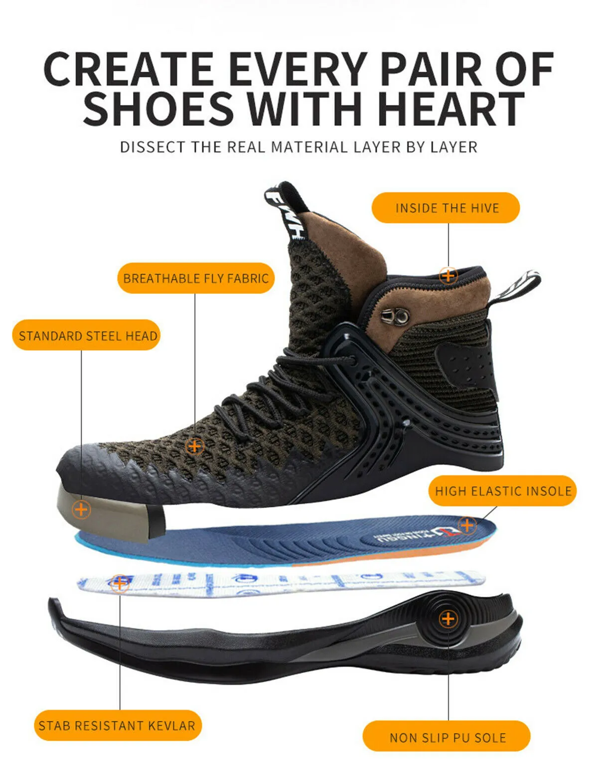 Best 8 Inch Leather Work Boots Ankle High Safety Shoes for Men Steel Toe Anti-Pierce Reflective Industrial Shoe