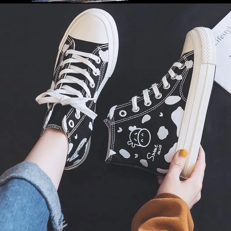 Running Sneakers With Laces CuteCowPrint CanvasShoes