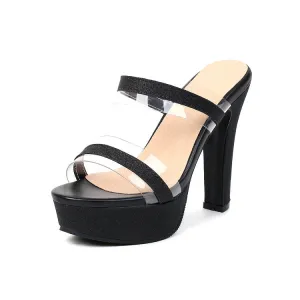 Women's Sparkling Transparent Pvc Strap Chunky Heel Platform Sandals Good Beach Sandals