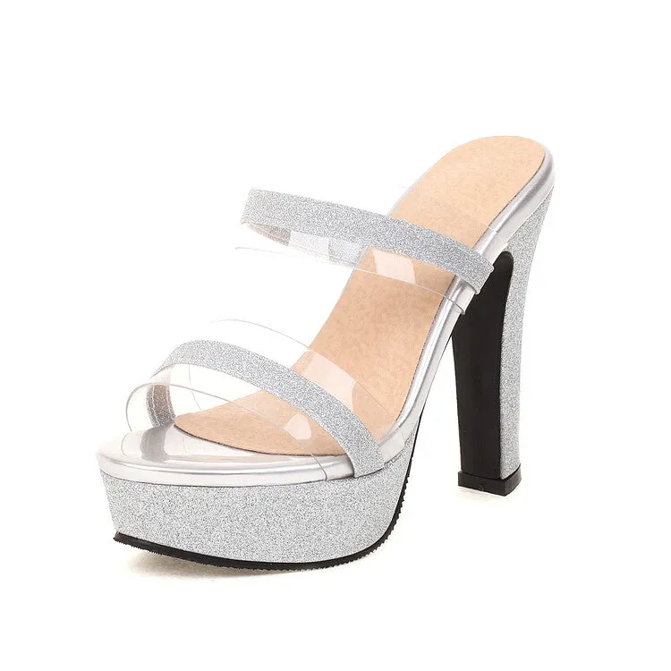 Women's Sparkling Transparent Pvc Strap Chunky Heel Platform Sandals Shoes Ladies Sandals
