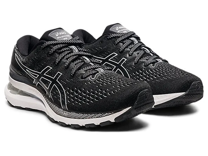 Asics Women's Gel-Kayano 28 Wide (D) Running Shoes in Black/White High Arch Running Shoes Asics