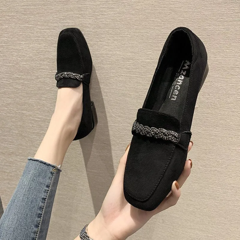 Loafers With Wide Leg Jeans Autumn Winter Women Loafers Low Heels Boat Shoes Square Toe Dress Shoes Chain Faux Suede Plush Warm Ladies Shoes Plus Size