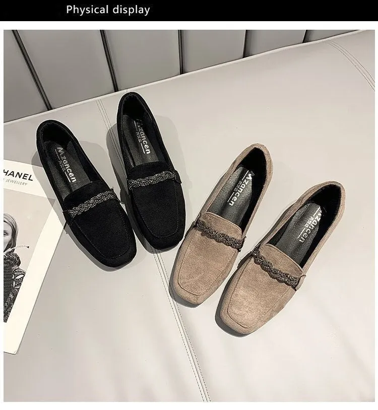 Autumn Winter Women Loafers Low Heels Boat Shoes Square Toe Dress Shoes Chain Faux Suede Plush Warm Ladies Shoes Plus Size Rose Gold Loafers