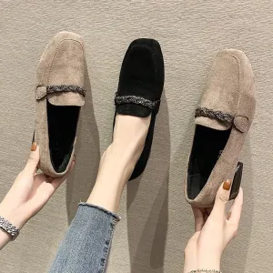 Christmas Loafers Autumn Winter Women Loafers Low Heels Boat Shoes Square Toe Dress Shoes Chain Faux Suede Plush Warm Ladies Shoes Plus Size