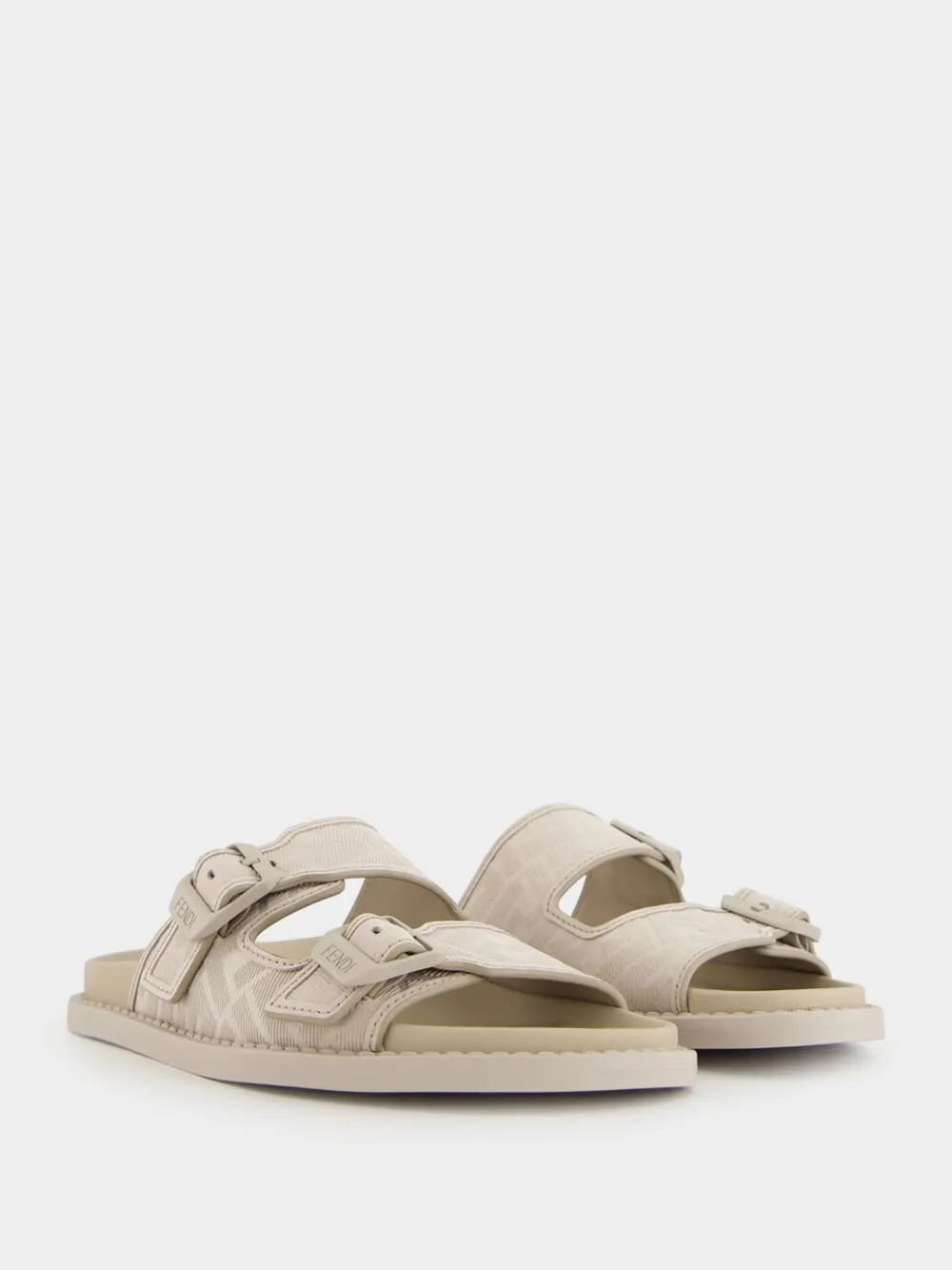 Beige Nubuck Leather Sandals with FF Motif Sexy Flat Sandals