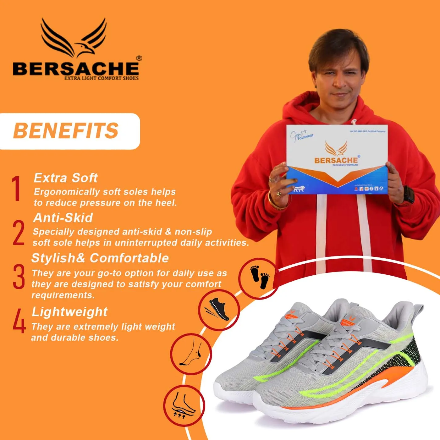 After Shower Slippers Bersache Premium Sports ,Gym, Trending Stylish Running Shoes For Men (8028-Orange)