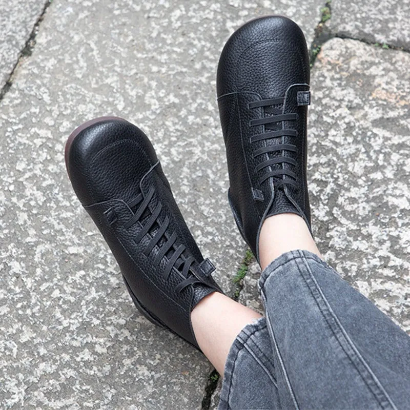 Strap Oxfords Women Barefoot Ankle Booties Leather Square Toe Flat Lace Up Boots in Brown/Black/Beige