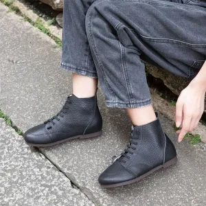 Women Barefoot Ankle Booties Leather Square Toe Flat Lace Up Boots in Brown/Black/Beige Meermin Oxfords