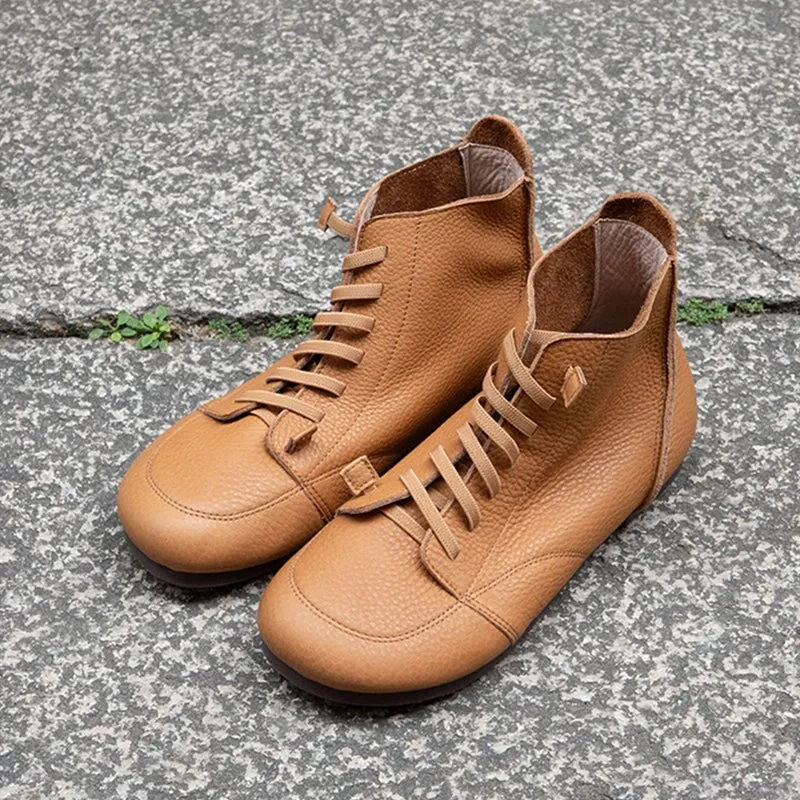 Women Barefoot Ankle Booties Leather Square Toe Flat Lace Up Boots in Brown/Black/Beige Calipa Cap Toe Oxfords