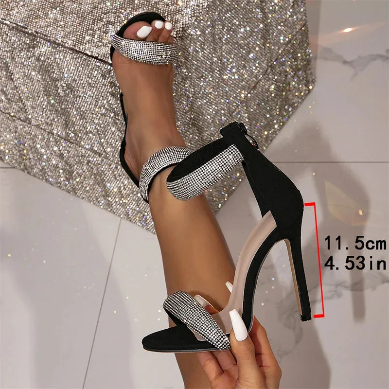 Liyke Fashion Glitter Rhinestones Ankle Wrap Zip Sandal Women Summer Fashion Open Toe Stripper Heels Party Dress Shoes Black Best Plantar Fasciitis Sandals