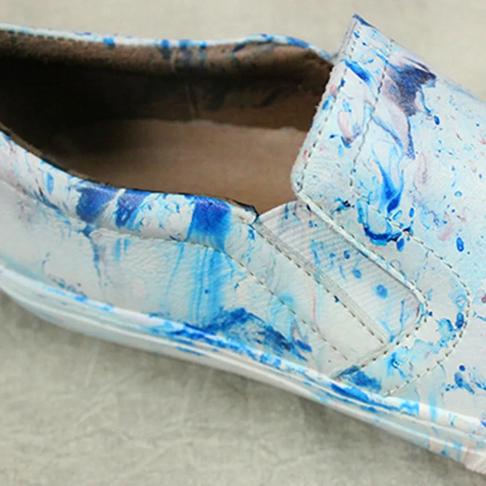 Women'S Sneakers Handmade Casual Flat Shoes Soft Leather Loafers Blue Wood Sole Oxfords