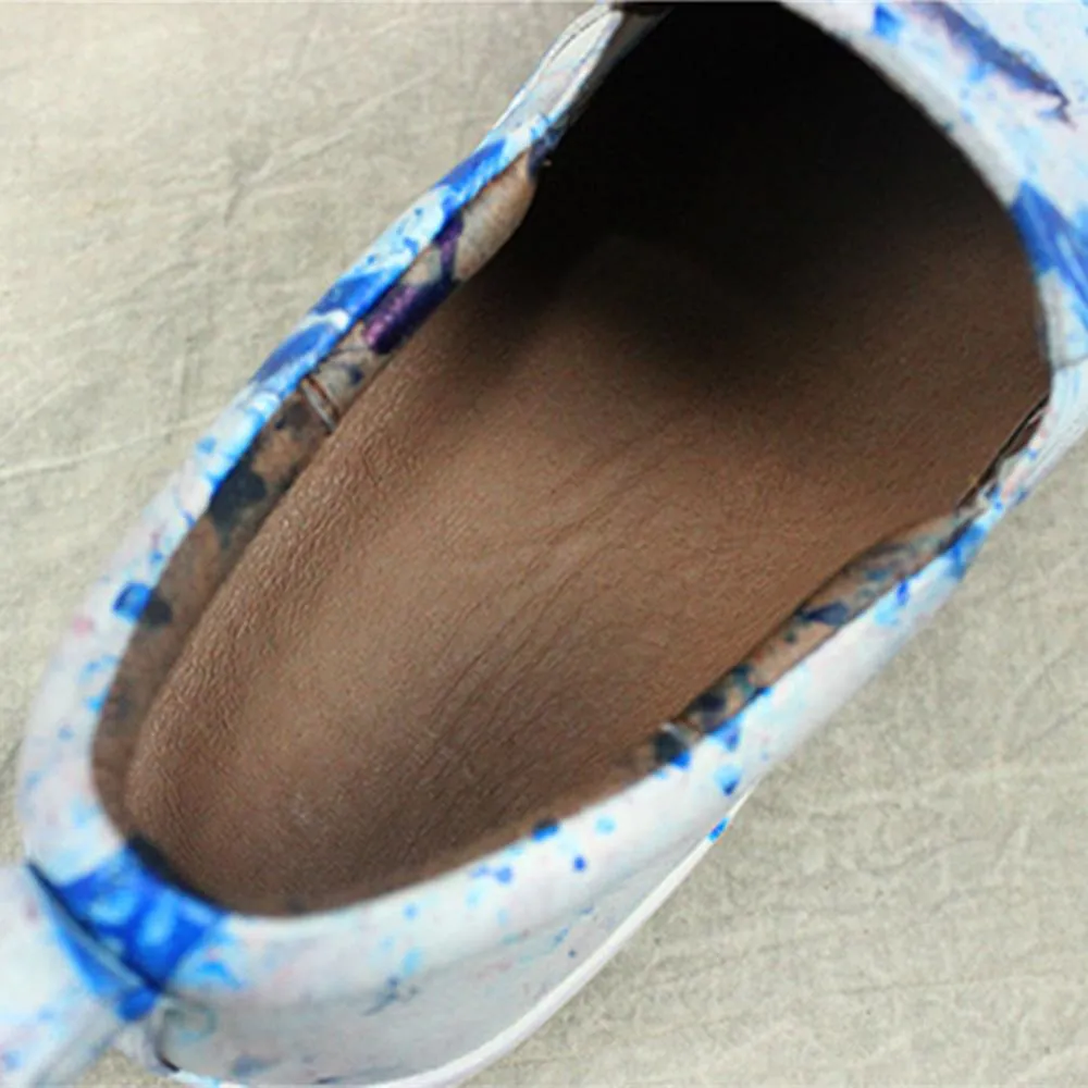 Women'S Sneakers Handmade Casual Flat Shoes Soft Leather Loafers Blue Cork Oxfords