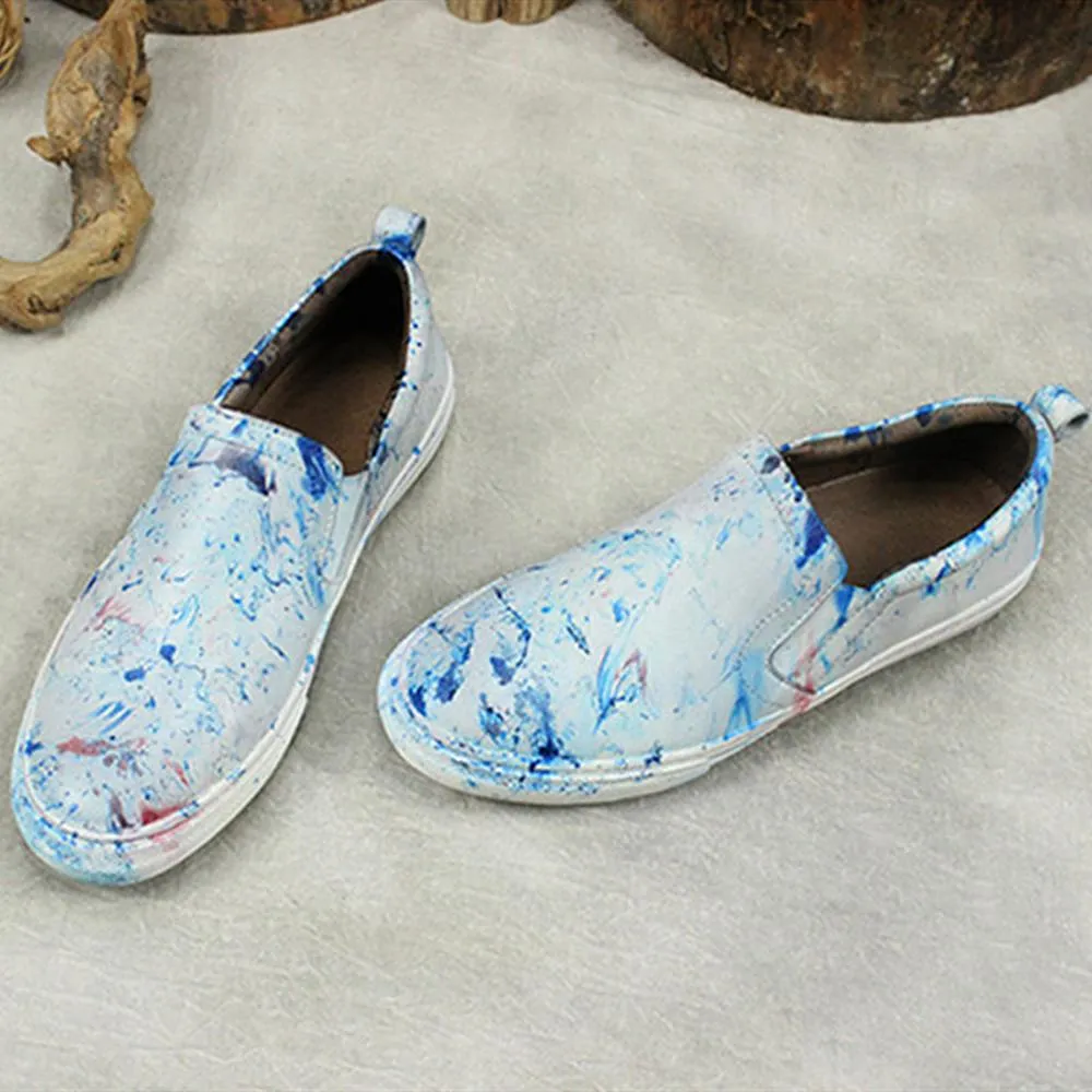 Women'S Sneakers Handmade Casual Flat Shoes Soft Leather Loafers Blue Oxfords Chunky