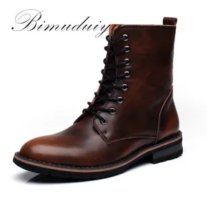 BIMUDUIYU New Arrival Fashion Handmade Super Warm AutumnWinter Men Shoes Casual British Style Ankle Boots Wipe color Snow Boots Valentino Flat Studded Shoes