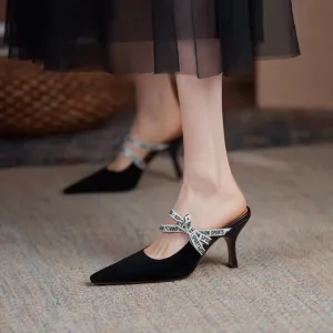 Railway Slippers binfenxie  -  2024 New Suede Leather Women Slippers Pointed Toe Stiletto High Heels Summer Party Wedding Shoes Fashion Footwear Mules