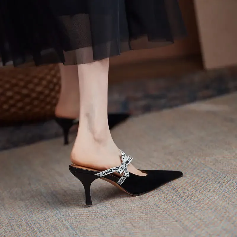 Dusting Slippers binfenxie  -  2024 New Suede Leather Women Slippers Pointed Toe Stiletto High Heels Summer Party Wedding Shoes Fashion Footwear Mules