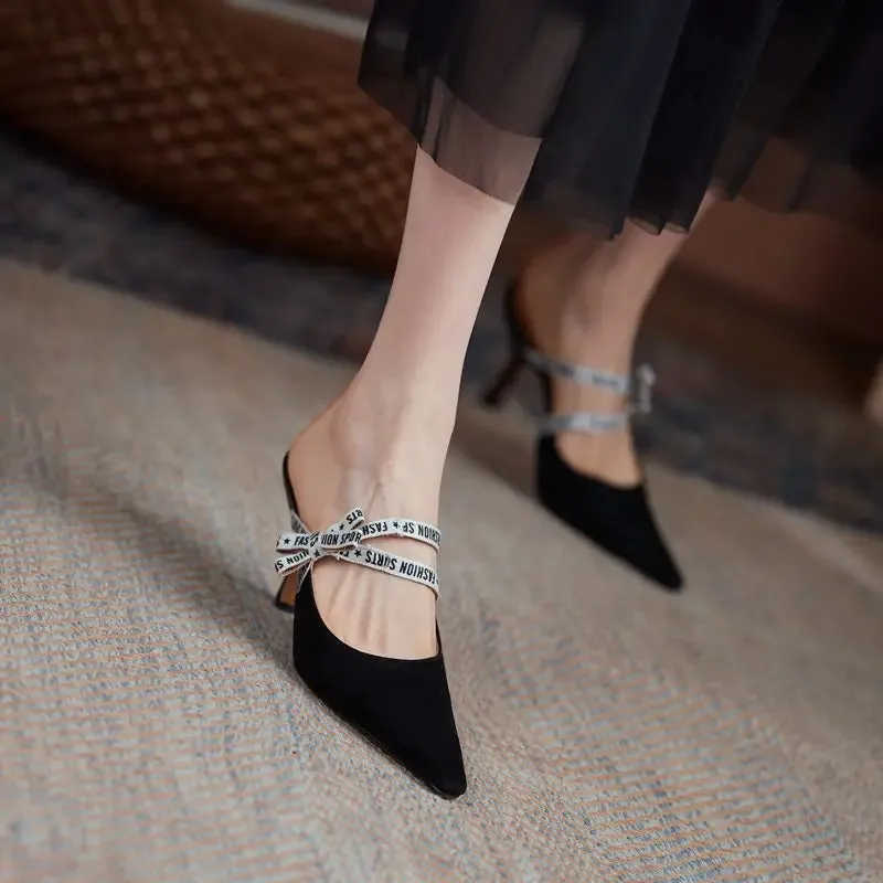 binfenxie  -  2024 New Suede Leather Women Slippers Pointed Toe Stiletto High Heels Summer Party Wedding Shoes Fashion Footwear Mules Cat & Jack Slippers