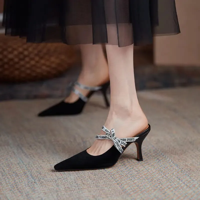 Bobs Cat Slippers binfenxie  -  2024 New Suede Leather Women Slippers Pointed Toe Stiletto High Heels Summer Party Wedding Shoes Fashion Footwear Mules