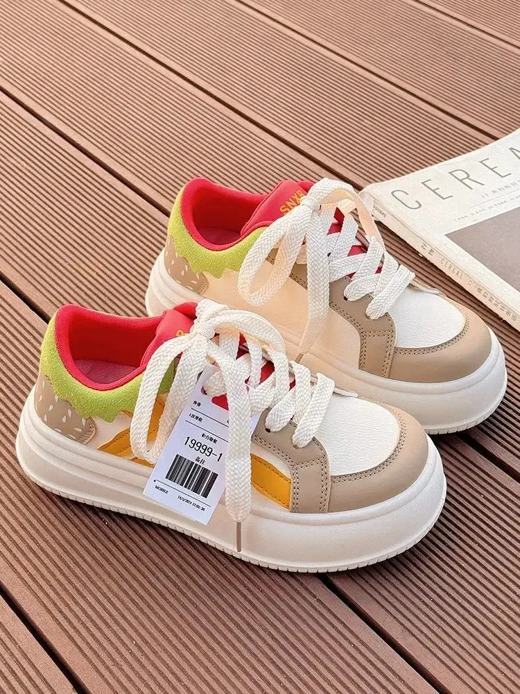 Elite Active Sneakers binfenxie  -  2024 Women Breathable Hamburger Sneakers Kawaii Patchwork Shoes Thick Heel Sneakers Trend Casual Running Platform High Top Shoes