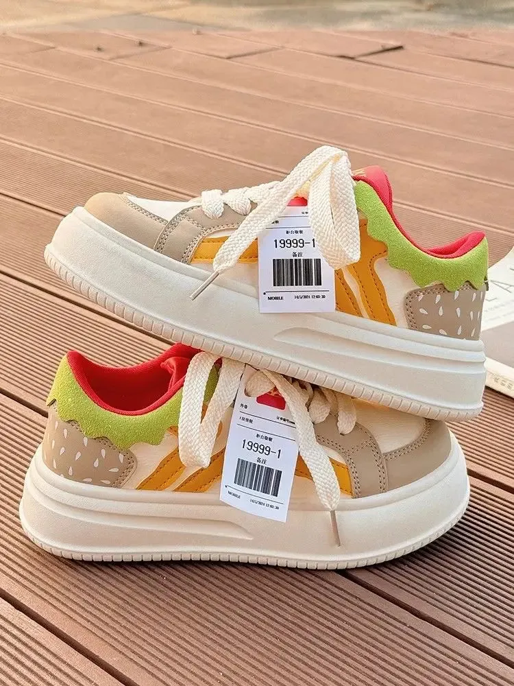 binfenxie  -  2024 Women Breathable Hamburger Sneakers Kawaii Patchwork Shoes Thick Heel Sneakers Trend Casual Running Platform High Top Shoes Chunky Platform Sneakers