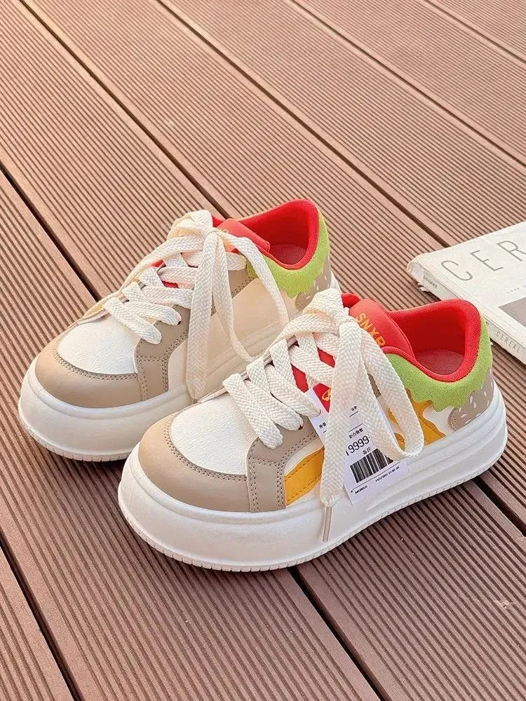 binfenxie  -  2024 Women Breathable Hamburger Sneakers Kawaii Patchwork Shoes Thick Heel Sneakers Trend Casual Running Platform High Top Shoes Sneakers F1