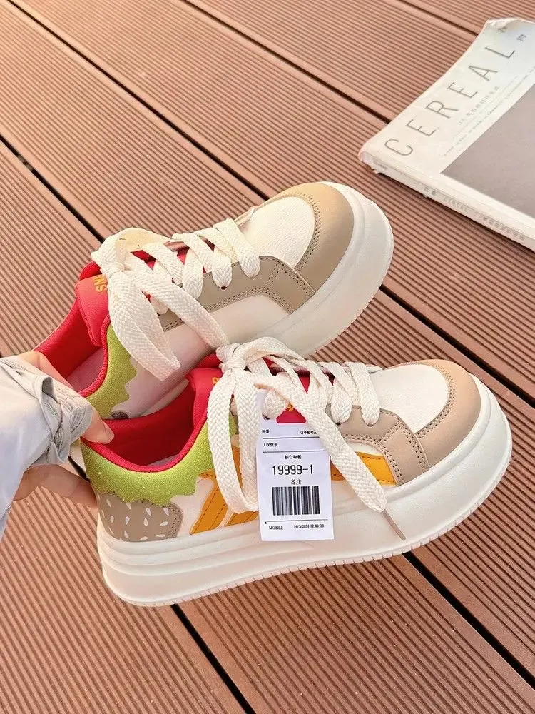 binfenxie  -  2024 Women Breathable Hamburger Sneakers Kawaii Patchwork Shoes Thick Heel Sneakers Trend Casual Running Platform High Top Shoes Size 16 Sneakers