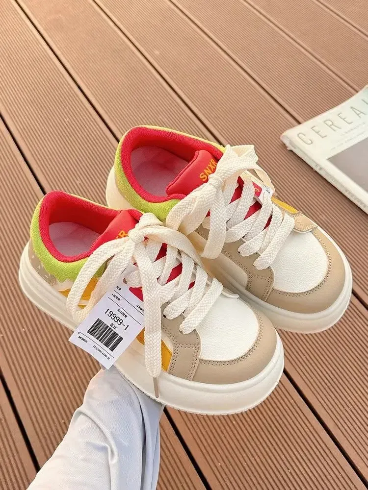 binfenxie  -  2024 Women Breathable Hamburger Sneakers Kawaii Patchwork Shoes Thick Heel Sneakers Trend Casual Running Platform High Top Shoes Sneakers For Plantar Fasciitis