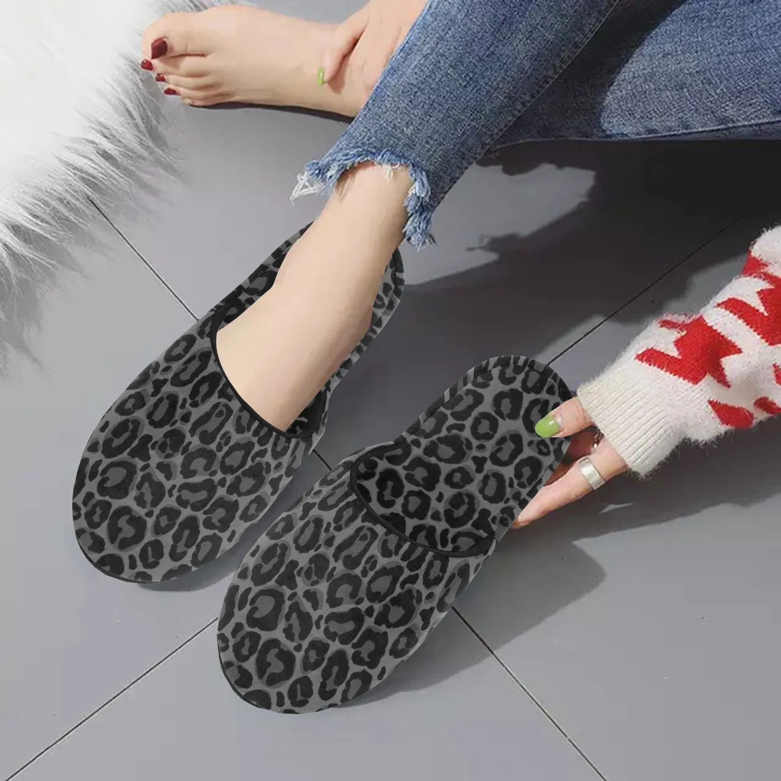 Storegga Slides Black Leopard Women's Slipper, Animal Print Cheetah Grey House Slide Handmade Bedroom Cozy Winter Designer Slip On Indoor Shoes